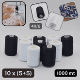 Set of 10 cones of 1000 meters Overlock Yarns, 5 Black and 5 White - ACCESSOIRES LEDUC BV